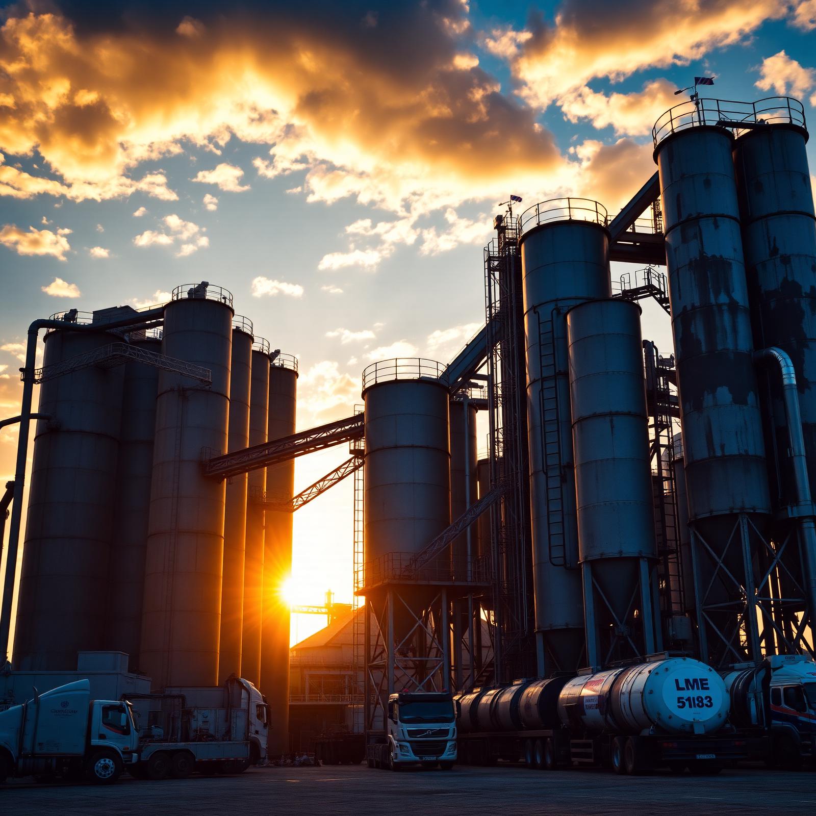 Nationwide Ready Mix concrete batching plant with silos and fleet of ready mix trucks at sunset